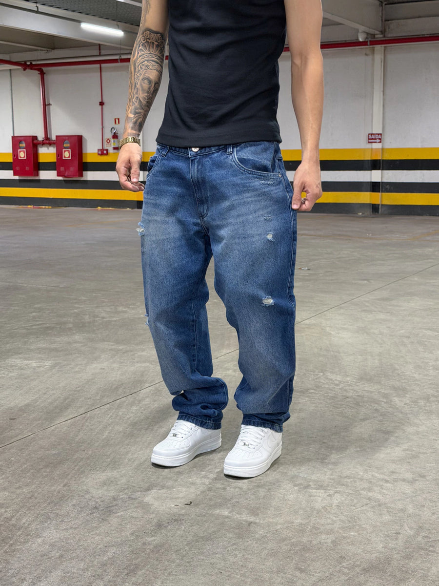 CALÇA RETA DESTROYED “ SKY BLUE ESCURA”